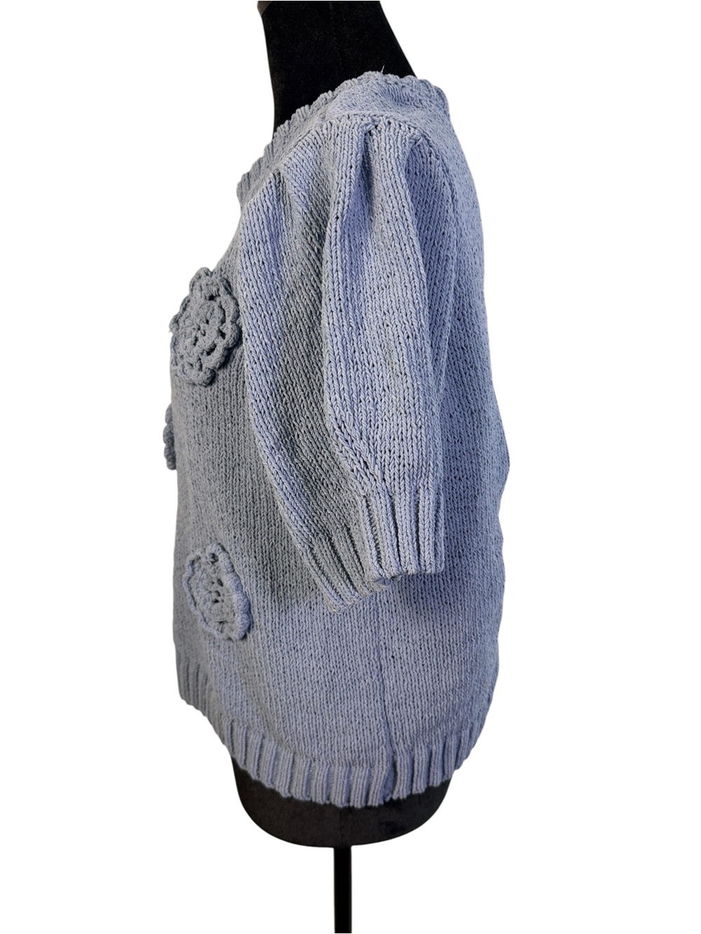 Joie Size L Blue Knit Sweater Top Crochet Floral Appliqué Puff Sleeve Cottagecor - Picture 3 of 10